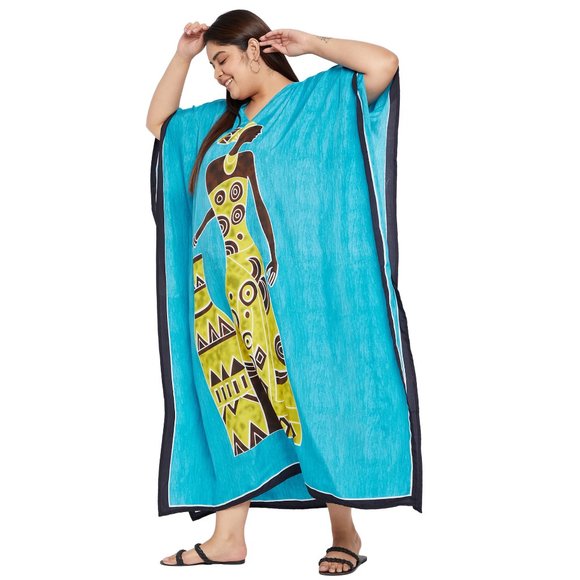 Women Plus Size Fit and Flare Tribal Print Sky Blue Kaftan Dress by Gypsie Blu - Picture 4 of 9